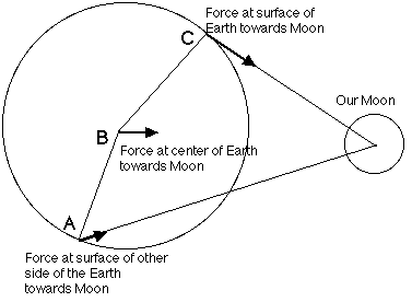 A vector diagram of the Earth and Moon, showing why there are two tides