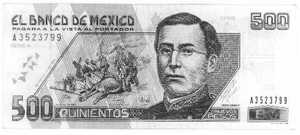 A Mexican 500 Peso note, with a picture of Ignacio Zaragoza on it. 