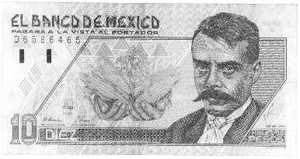 A Mexican 10 Peso note, with a picture of Emiliano Zapata on it. 